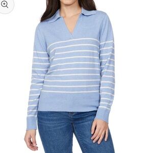 LOFT Light Blue and White Striped V-Neck Sweater